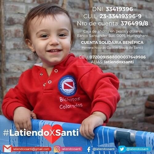 "Latiendo por Santi" es la campaña solidaria lanzada por los padres de Santiago Herrera, quien necesita viajar a Boston para operarse.